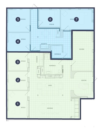 Floor plan of the suite showing Offices 1–3 in the green area and Offices 4–7 in the blue area