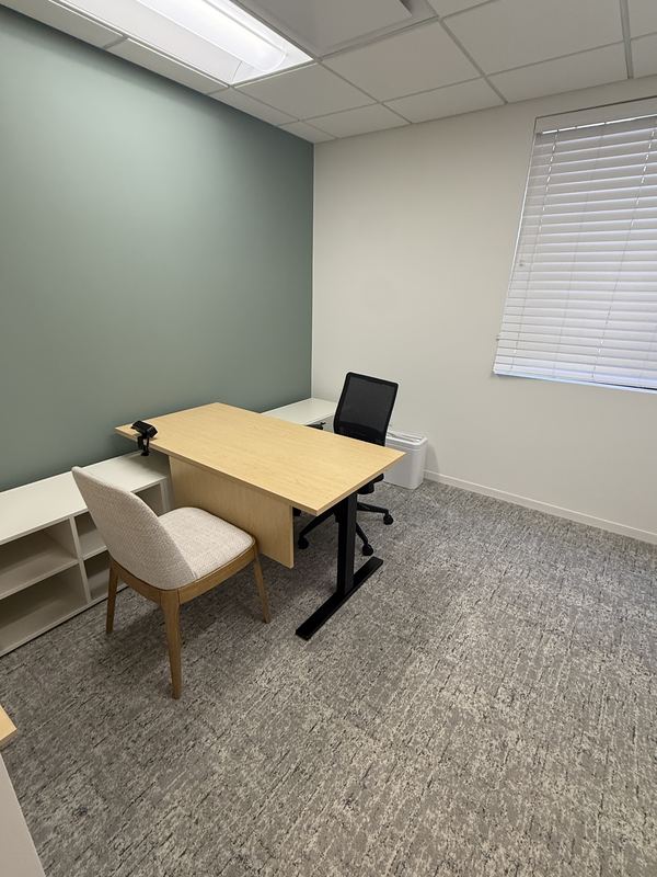 Office 3: private office with desk, chairs, filing cabinet and shelving